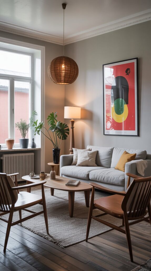 A Scandinavian living room featuring a mix of vintage and modern furniture, with a gray sofa, wooden chairs, and contemporary art.