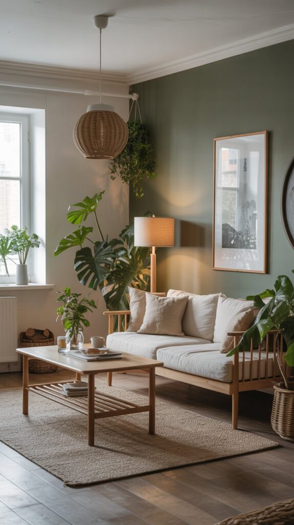 A Scandinavian living room featuring muted colors, natural wood furniture, and plants, creating a serene atmosphere.