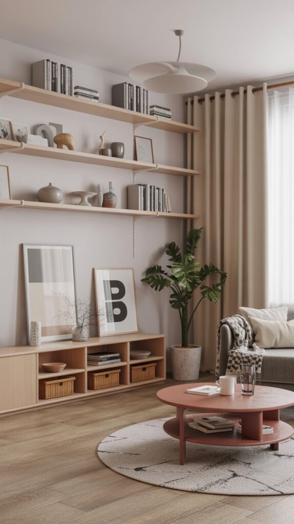A Scandinavian living room featuring open shelving with books and decorative items, a cozy chair, and a coffee table.