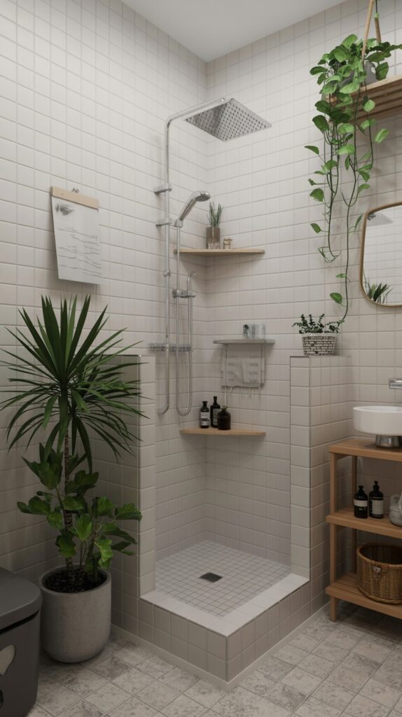 A small Scandinavian-style bathroom featuring a shower and several indoor plants.