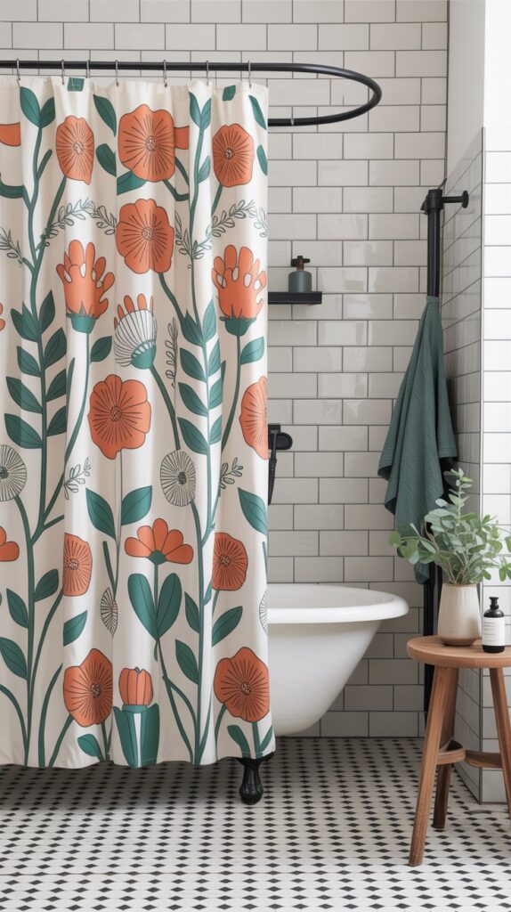 A stylish shower curtain with a floral pattern in a Scandinavian-style bathroom.