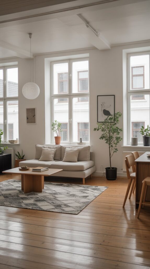 Bright Scandinavian living room with large windows, wooden flooring, and minimalist furniture.