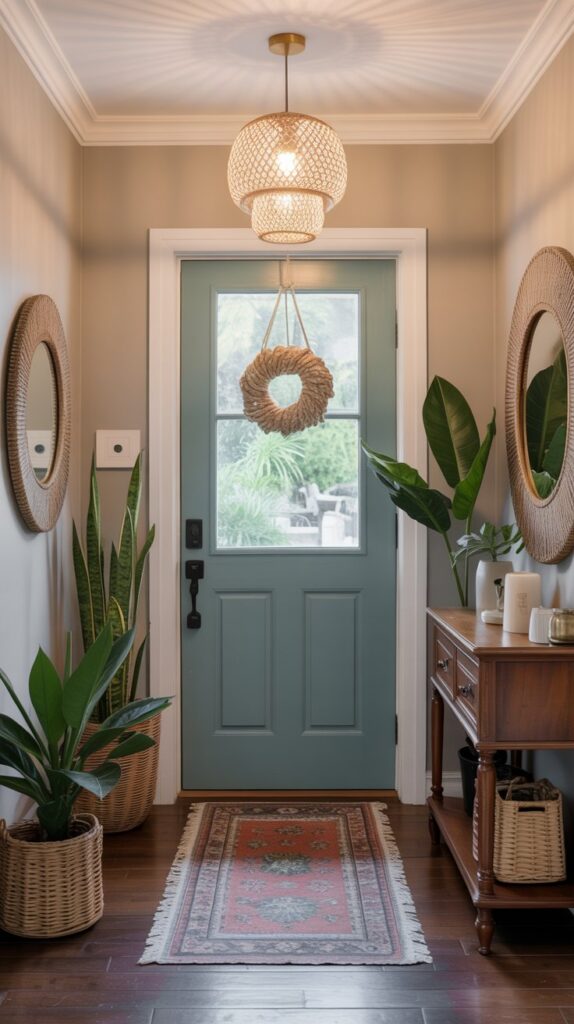 front entrance design space planning A bright modern entryway featuring a sage green front door with a window pane and two panels, adorned with a woven wreath. The space has beige walls, white crown molding, and a tray ceiling with a large rattan pendant light. Two round rattan-framed mirrors flank the door. A snake plant in a woven basket and a console table with plants, a drawer, and a basket add warmth. A red and beige vintage runner lies on dark hardwood flooring.