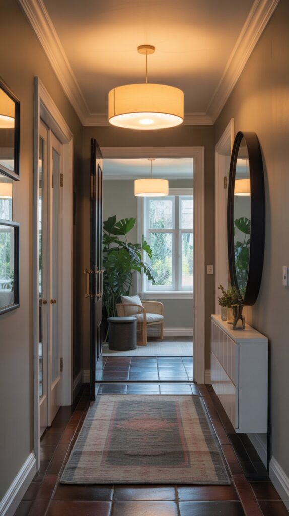 interior lighting design first impression decor A modern hallway with warm lighting from a large drum shade ceiling fixture, dark hardwood flooring, and light gray walls with white trim. A black-framed oval mirror hangs above a white floating console. A Monstera plant adds greenery, and a geometric gray and pink rug runs down the hall. Multiple white-framed doors and a view of a beige chair and window with greenery complete the space.