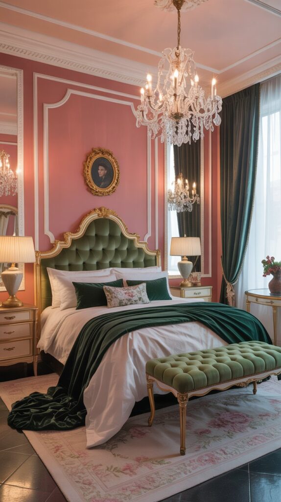 Luxurious bedroom with pink walls and green velvet fabrics, featuring a chandelier and elegant decor.