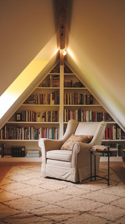 Cozy attic reading nook with a comfortable chair, bookshelves, and warm lighting.