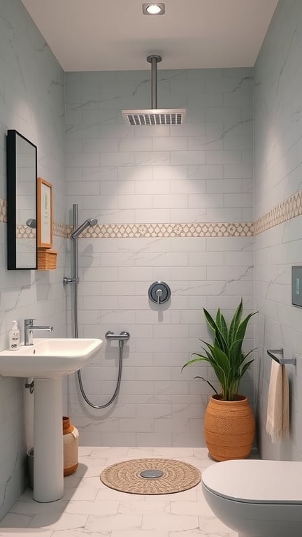 A Scandinavian-style small bathroom featuring a spacious shower, light blue tiles, and a plant for a spa-like atmosphere.