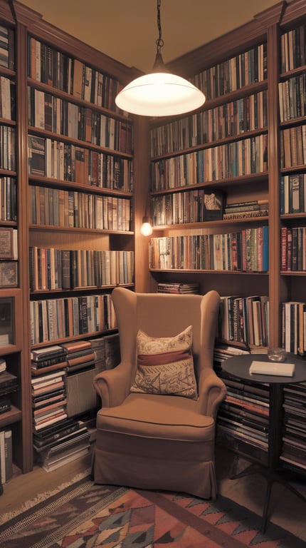Cozy personal library nook with bookshelves, a comfortable chair, and warm lighting.