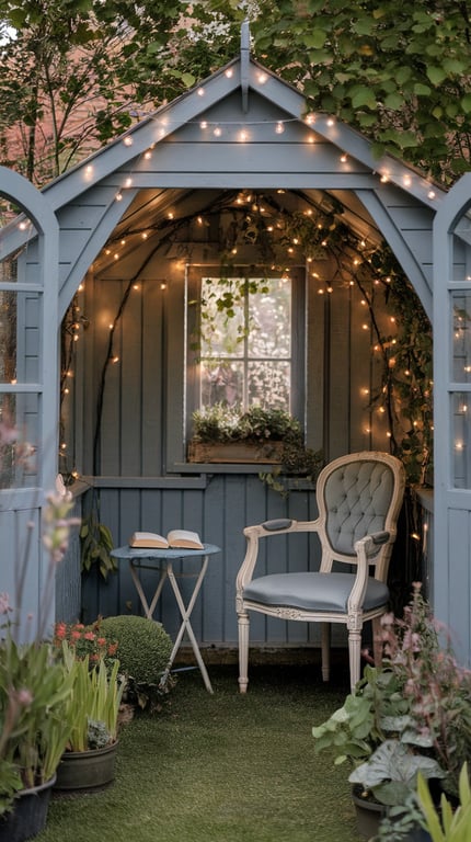 A cozy garden shed reading nook with a chair, small table, and fairy lights.