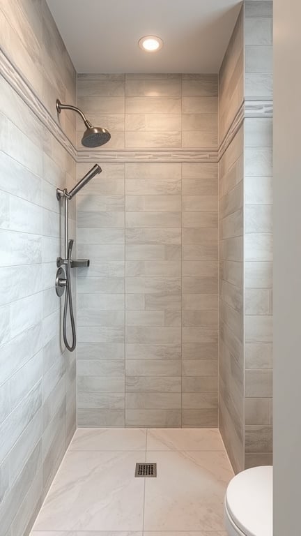 A small Scandinavian-style bathroom shower with textured gray tiles.