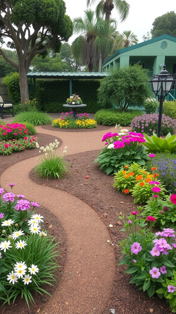 A colorful garden with a winding path surrounded by various flowers and greenery.