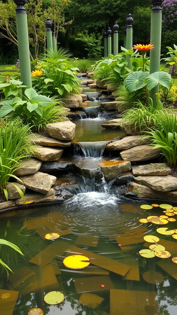 A serene garden water feature with a cascading stream, surrounded by lush greenery and colorful flowers.
