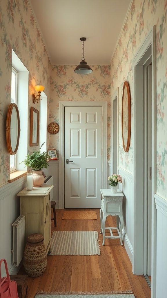 A cozy hallway with floral wallpaper, wooden flooring, and decorative elements.