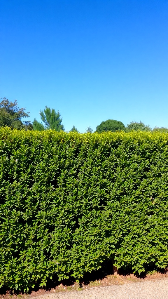 A lush green hedge under a clear blue sky, serving as natural fencing.