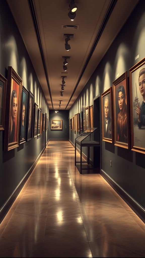 A hallway in an art gallery with portraits on the walls and polished flooring.