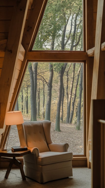 A cozy reading nook in a rustic cabin with a large window overlooking trees, featuring a soft armchair and a side table with books.
