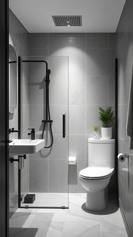 A modern small bathroom featuring a monochromatic gray color scheme with a shower, toilet, and minimalist decor.