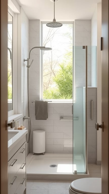 A small Scandinavian-style bathroom featuring a shower, large windows for natural light, and a view of greenery outside.