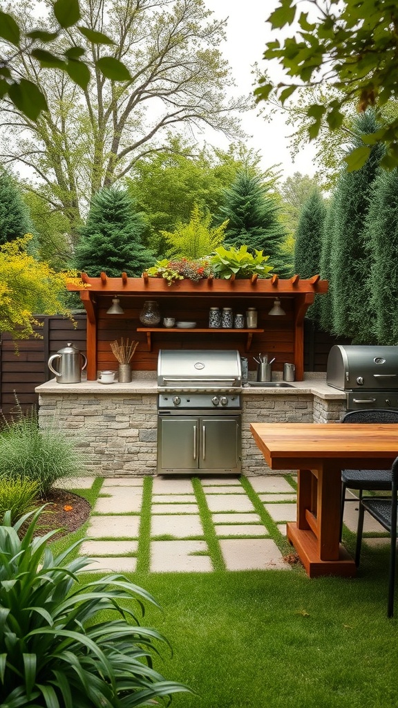 An outdoor cooking space featuring a grill, stone countertops, and a wooden pergola with greenery.