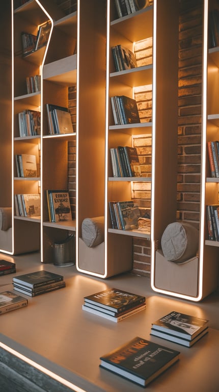 A modern bookshelf design with illuminated shelves and cozy seating.