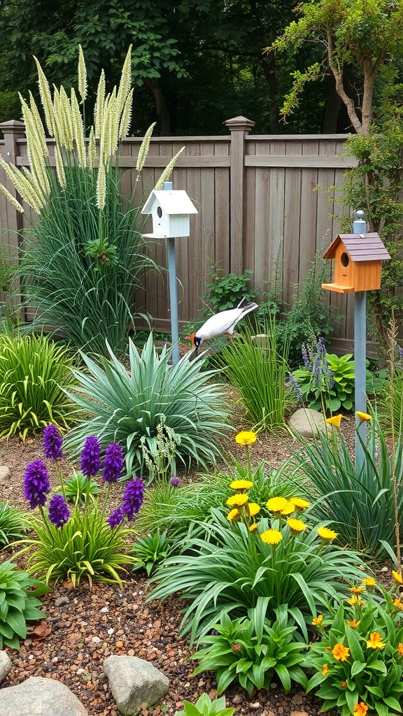 A colorful garden with birdhouses, flowers, and greenery, creating a habitat for wildlife.