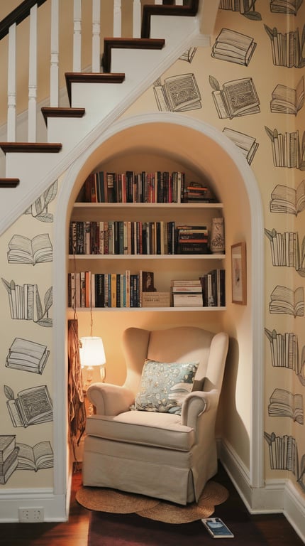 Cozy reading nook under the stairs with a chair, bookshelves, and warm lighting.