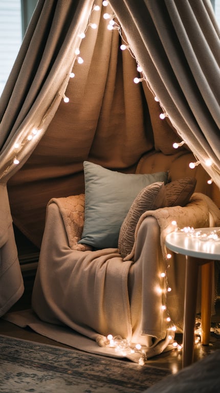A cozy blanket fort with soft blankets, pillows, and fairy lights, creating an inviting reading nook.