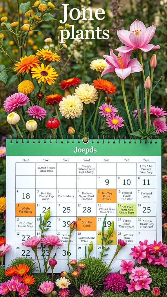 A colorful display of flowers with a June planting calendar