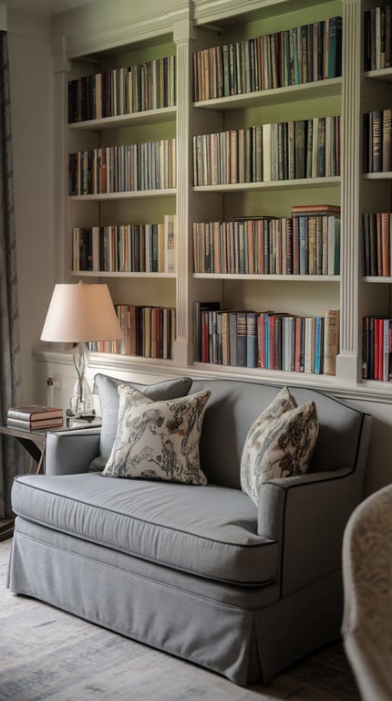 Cozy sofa reading lounge with decorative pillows and a bookshelf filled with books.