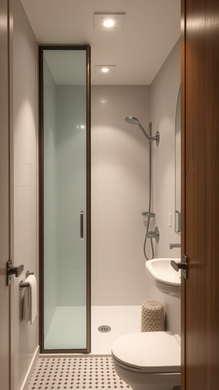 A small Scandinavian-style bathroom featuring a glass shower divider, modern fixtures, and neutral colors.