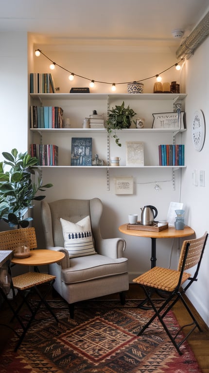 Cozy reading nook with a comfortable armchair, small table, bookshelves, and plants, styled like a chic café.