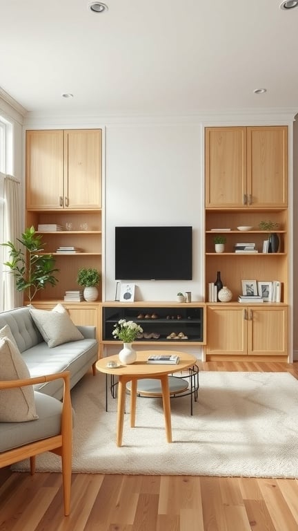 Scandinavian living room with built-in wooden furniture, a light gray sofa, and a coffee table.