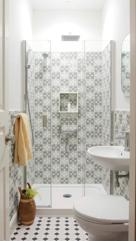 A small Scandinavian-style bathroom featuring bold patterned tiles in the shower area and contrasting floor tiles.