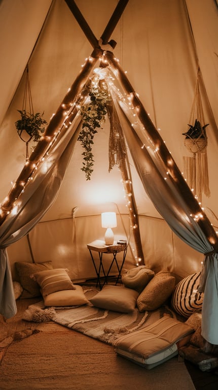 Cozy indoor tent reading area with pillows, warm lighting, and decorative plants.