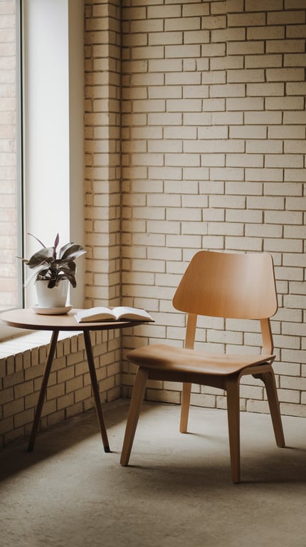 A minimalist reading nook with a wooden chair, small table, open book, and a potted plant by a window.