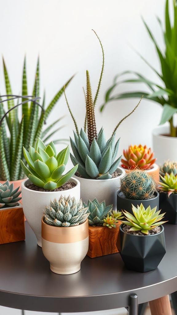 A variety of succulents in stylish pots arranged on a table, showcasing minimalist decor.