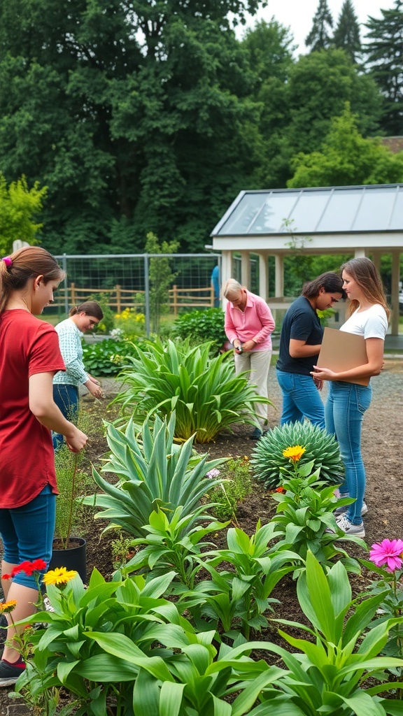A group of people participating in a gardening workshop, planting flowers and engaging with each other in a community garden.
