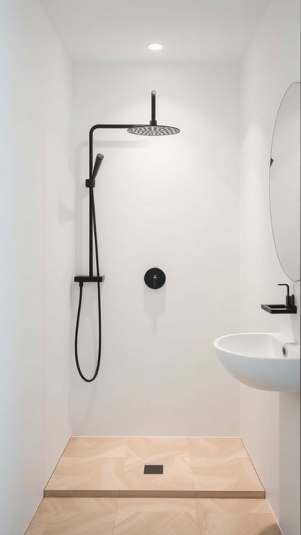 Minimalist shower design featuring a large showerhead, sleek fixtures, and warm-toned flooring.