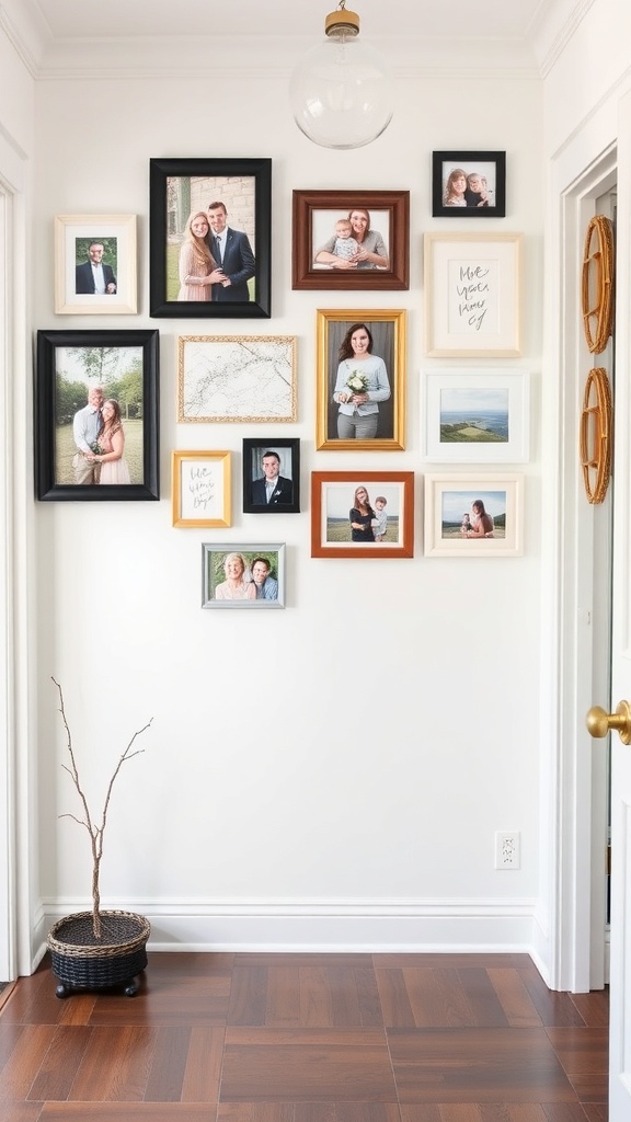 A gallery wall featuring a variety of framed photos and art pieces in a hallway.