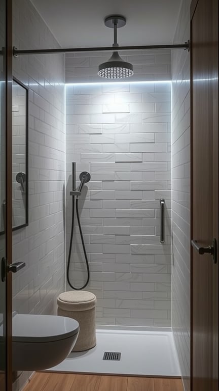 A modern small bathroom shower area with stylish lighting features.