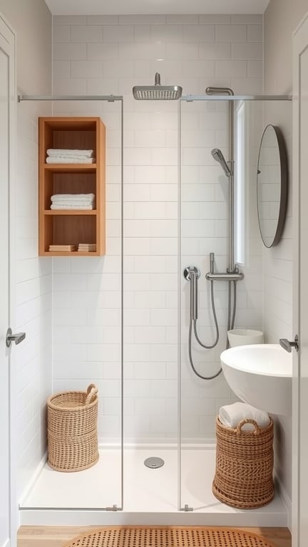 A small Scandinavian-style bathroom featuring a shower with glass panels, a modern sink, and wooden storage.
