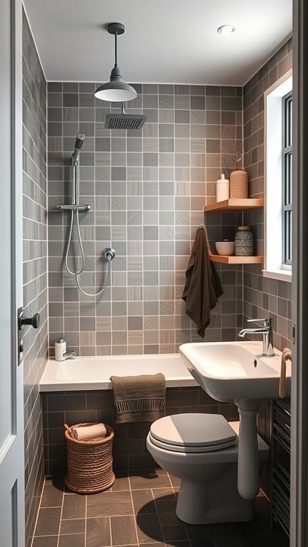 A small Scandinavian-style bathroom featuring a shower, sink, and functional storage solutions.