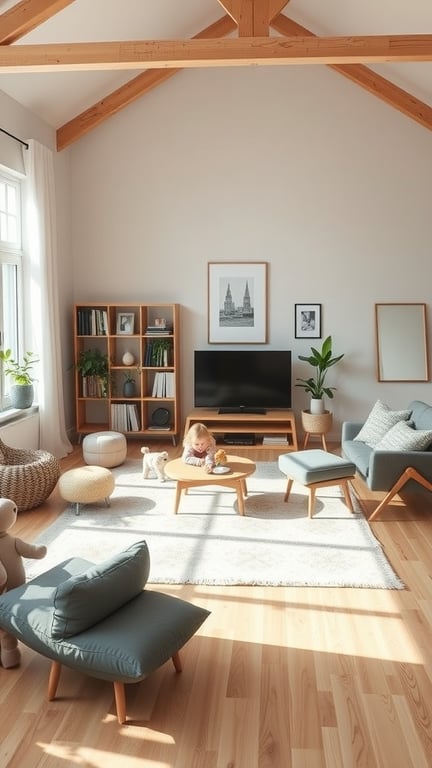 A bright Scandinavian living room with a child playing at a coffee table, featuring simple furniture and plants.