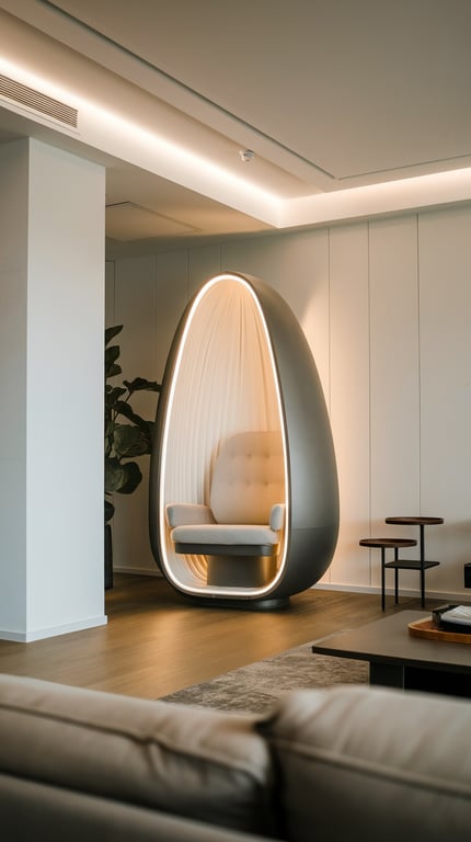 A modern reading pod in a living room, featuring soft lighting and a comfortable chair.