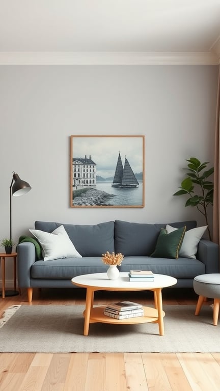 A cozy Scandinavian living room with a blue sofa, a round coffee table, and artwork of sailboats on the wall.