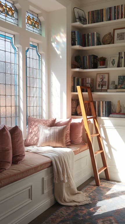 Cozy window seat with plush pillows, a throw blanket, and a nearby bookshelf, illuminated by sunlight.