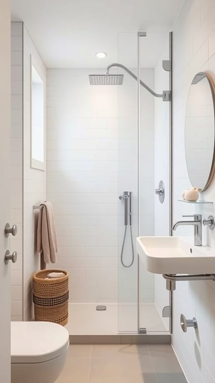 A Scandinavian-style small bathroom featuring an open shower concept with minimalist design elements.