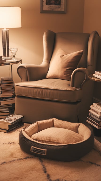 A cozy reading nook with an armchair, a pet bed, and stacks of books.