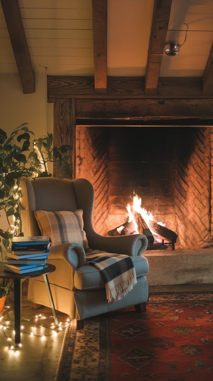 Cozy reading nook with a fireplace, comfortable chair, and a stack of books.
