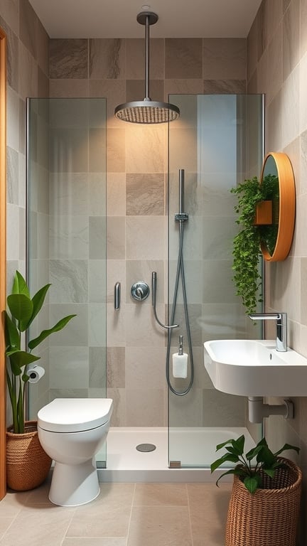 A small Scandinavian-style bathroom featuring eco-friendly materials, including natural stone tiles, plants, and modern fixtures.